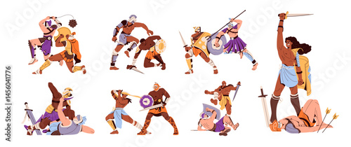 Gladiators fight set. Ancient Roman soldiers with swords, shields attack and defend in war. Spartan warriors with weapon, blades struggle in Coliseum arena. Flat isolated vector illustrations on white