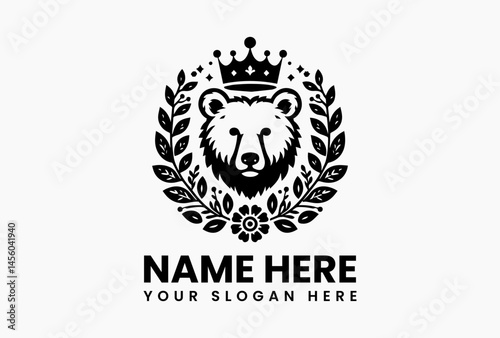 bear with abstract peony crown, modern vector logo for eco-luxury skincare and national parks  