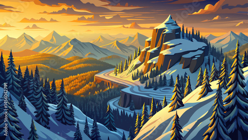Winter landscape atop an alpine mountain, with snow-covered trees and panoramic forest views under crisp, cloudy skies. Ideal for nature, wilderness, winter travel, and mountain scenery themes