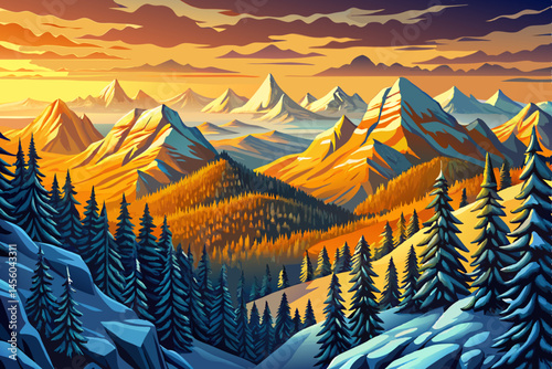 Winter landscape atop an alpine mountain, with snow-covered trees and panoramic forest views under crisp, cloudy skies. Ideal for nature, wilderness, winter travel, and mountain scenery themes