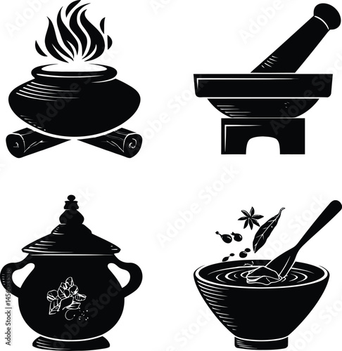 Set of Four Culinary-Themed Black and White Vector Illustrations Featuring a Fire-Heated Cooking Pot, a Traditional Mortar and Pestle, a Decorative Ingredient Jar, and a Bowl with Herbs and Spoon