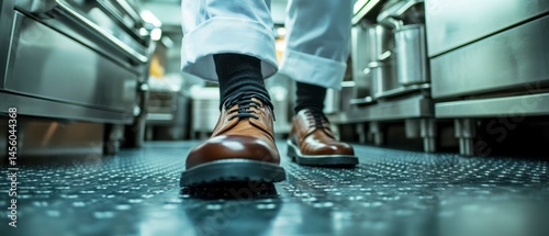 Chef wearing uniform walks through stainless steel commercial kitchen, readying for food preparation.