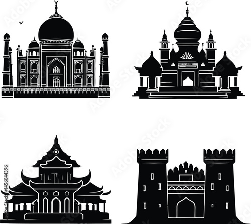 Collection of Four Architectural Silhouettes Featuring the Taj Mahal, a Traditional Indian Temple, an East Asian Pagoda, and a Medieval Castle with Battlements | Cultural Heritage Representation in Bl