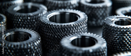 Multiple metal rings present textured, knurled surfaces with metallic sheen and are arranged in repetitive pattern.