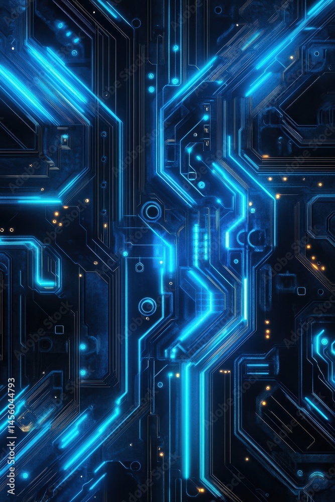 Blue neon circuit pathways on dark electronic surface