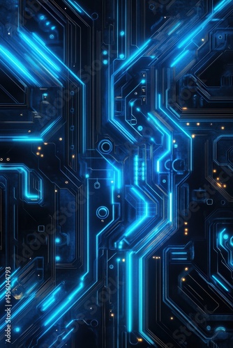 Blue neon circuit pathways on dark electronic surface