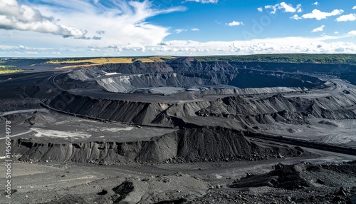 Open Pit Coal Mine Landscape under a Blue Sky with White Clouds A vast expanse of dark coal