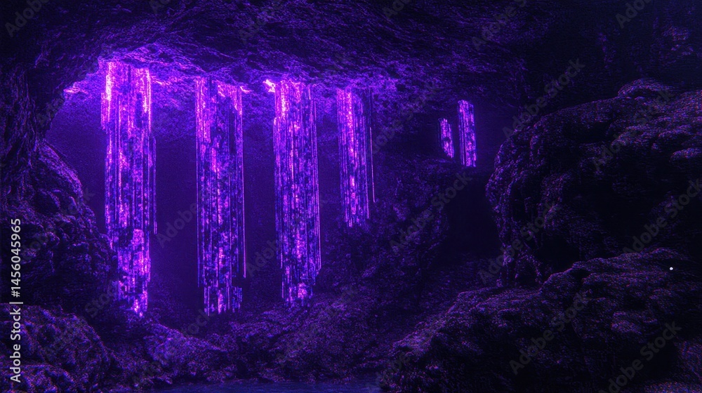 Fototapeta premium Enigmatic Purple Waterfall Cascading Through Mystical Forest in Dark Night Abstract Imagery and Dramatic Effect Creates Dreamlike Scenery