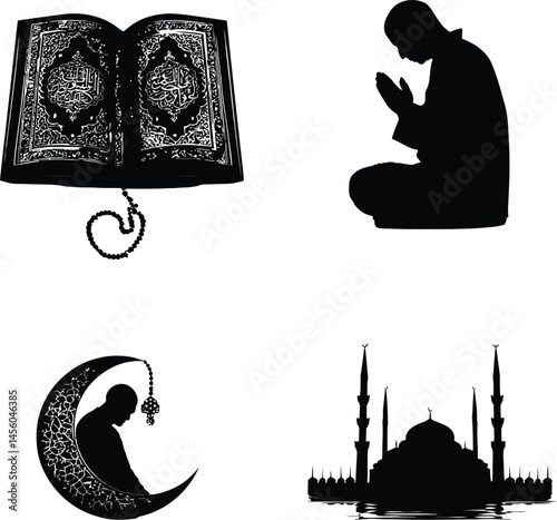 Four Islamic-Themed Silhouettes Featuring an Open Quran, a Kneeling Person in Prayer, a Crescent Moon with Ornament, and a Grand Mosque with Minarets | Black and White Vector Illustration