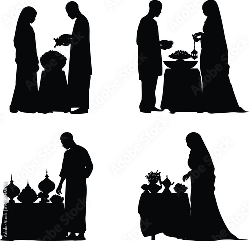 Four Silhouettes Representing Various Individuals Engaged in Ritualistic and Ceremonial Actions at Tables | Black and White Vector Illustration