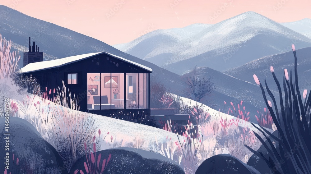 Fototapeta premium Secluded mountain cabin retreat minimalist design in idyllic landscape architectural gem in tranquil winter scenery and breathtaking vista