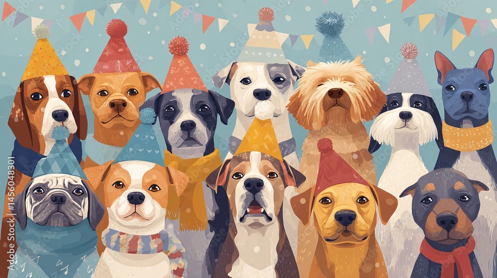 Obraz premium Cute Cartoon Dogs Wearing Party Hats in a Colorful Celebration – Digital Illustration, World Dog Day. Generative AI