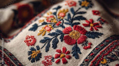 Heritage folklore preservation. Intricate floral embroidery on textured fabric creating a rich visual tapestry.