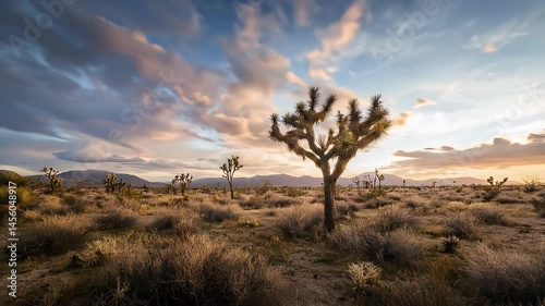 Joshua Trees Silhouetted at Desert Sunset with Dramatic Cloudy Sky Golden Hour Light