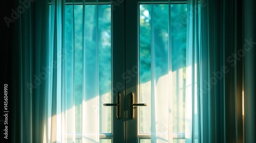 Close-up image features a door with a curtain, illuminated by sunlight.