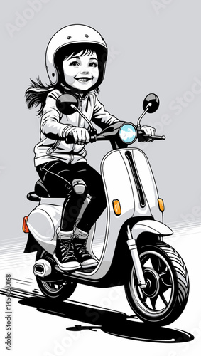 Girl riding a scooter, smiling, in a stylish monochrome illustration  
