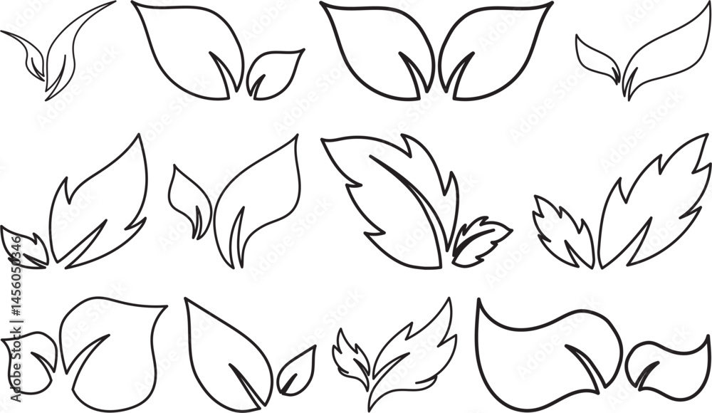 Fototapeta premium Collection of minimalist leaf outline vector icons in elegant styles, ideal for eco branding, natural product packaging, organic labels, botanical illustrations, and wellness-themed designs.