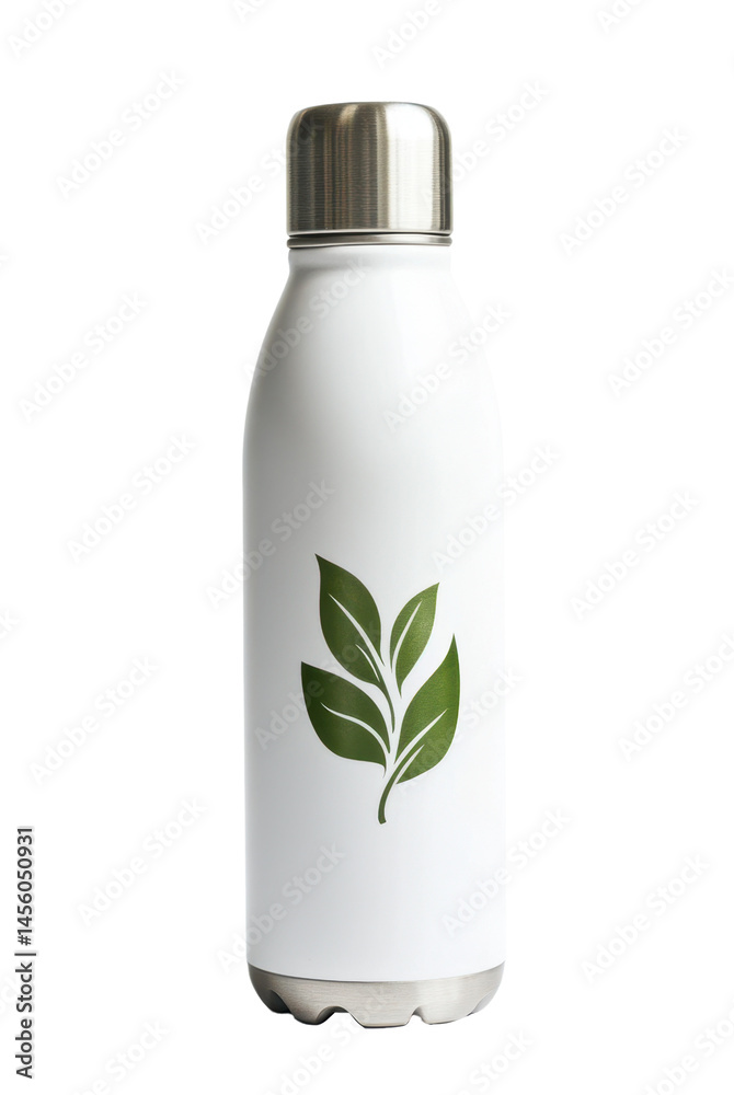 White reusable water bottle with leaf logo promoting eco-friendly lifestyle
