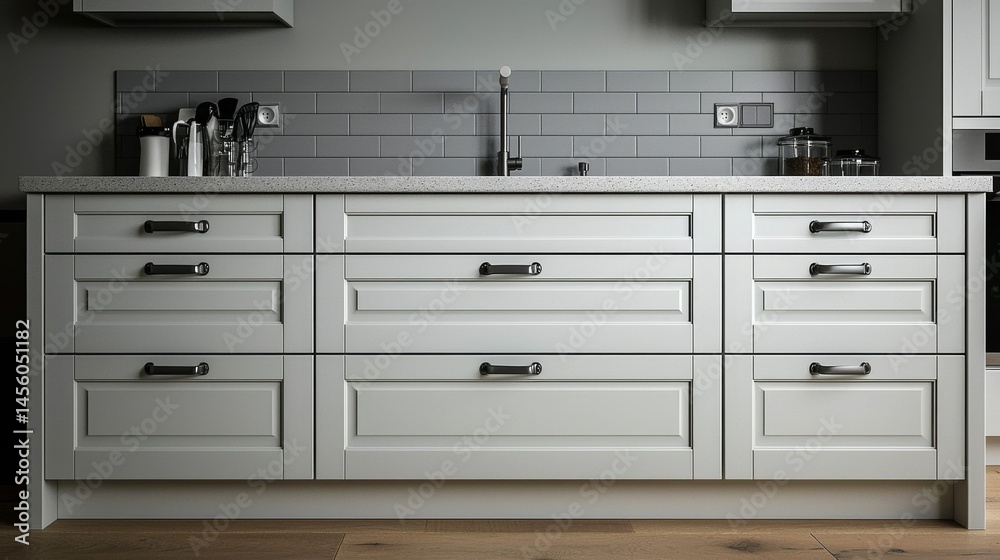 Fototapeta premium Gray Kitchen Drawers with Subway Tile Backsplash, HomeDecor, InteriorDesign