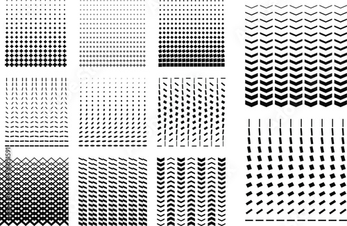 Set of geometric halftone vector patterns with distortion effects, featuring dots, diamonds, lines, and arrows — ideal for modern backgrounds, posters, comics, and abstract design.

