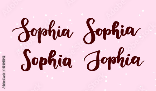 The image shows four versions of the name 'Sophia' written in different calligraphy styles on a light pink background with small white dots, showcasing variations in lettering and design.