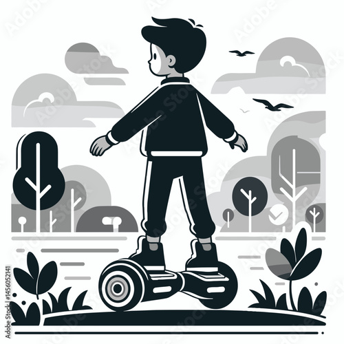 Boy riding hoverboard in playful landscape illustration  