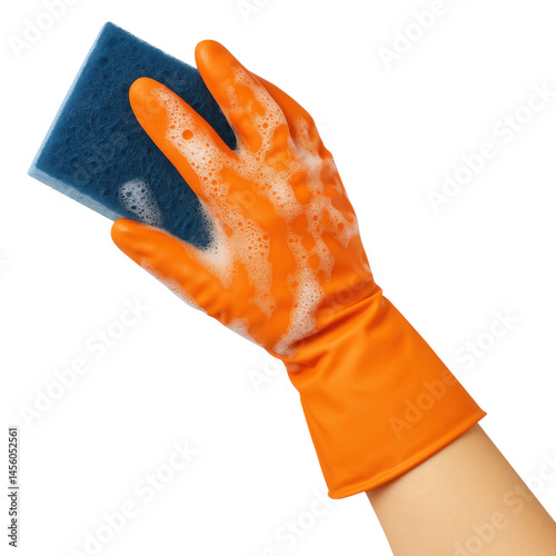 Cleaning glove with sponge soapy texture bright orange color household cleaning kitchen tool hygiene scrubbing surface effective cleaning