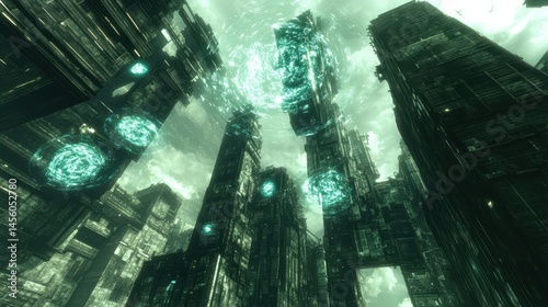 Futuristic cityscape under a gloomy sky evoking a sense of urban mystery and dystopia with towering structures and digital lights
