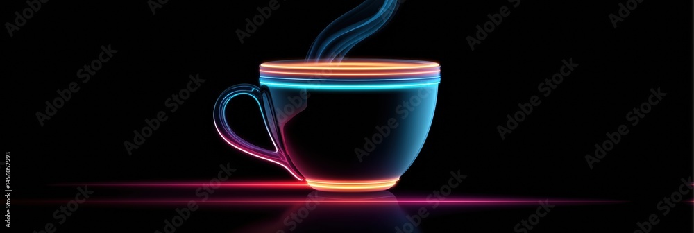A cup of coffee with a glowing handle and a steamy top. The cup is illuminated in neon colors, creating a vibrant and eye-catching image. The idea behind this image is to showcase the beauty