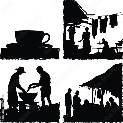 Daily Life Silhouette Grid Featuring Four Distinct Scenes: A Tea Cup on a Saucer, People Hanging Clothes in a Drying Area, Two Individuals Cooking Over a Grill, and a Group Gathered Under a Canopy for