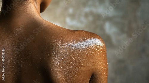 Closeup view of womans tanned skin glistening with sweat droplets after workout hot body gold tone
