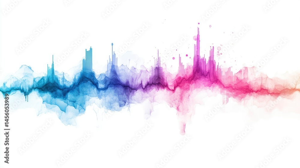 Naklejka premium Dynamic audio waveform pattern in vibrant gradient hues of blue and purple, isolated cleanly on a white backdrop