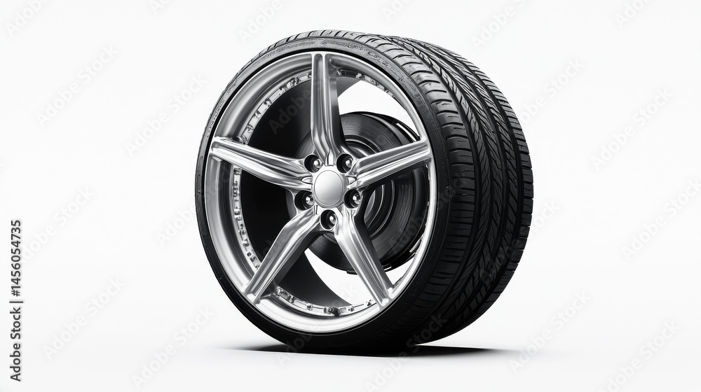 Obraz premium Silver Five-Spoke Wheel with Tire on White, Automotive , Rim