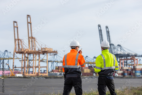 Two port authority officers in high-visibility jackets and white helmets communicate via walkie-talkies while overseeing operations at a shipping port with large cranes and stacked containers.
