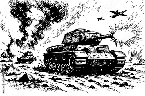 World War II Tank Battle Illustration – Black and White Line Art with Explosions and Fighter Planes