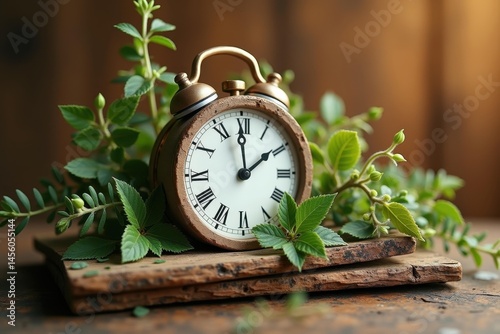 Time at peace. Vintage alarmclock. Roman numerals. Green leaves. Wood