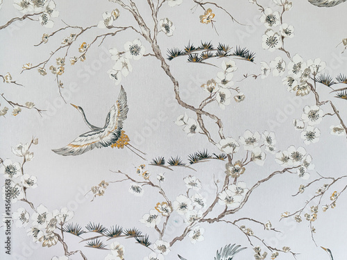 Canvas Print Close up of floral tree branches and bird theme printed wallpaper