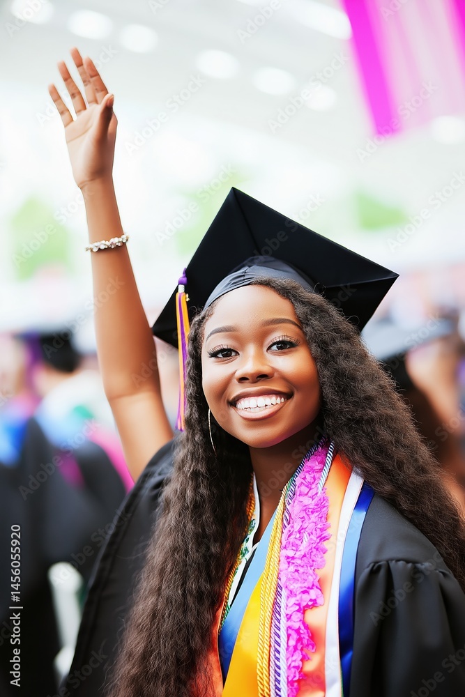 Joyful african female graduate celebrating achievement in cap and gown
