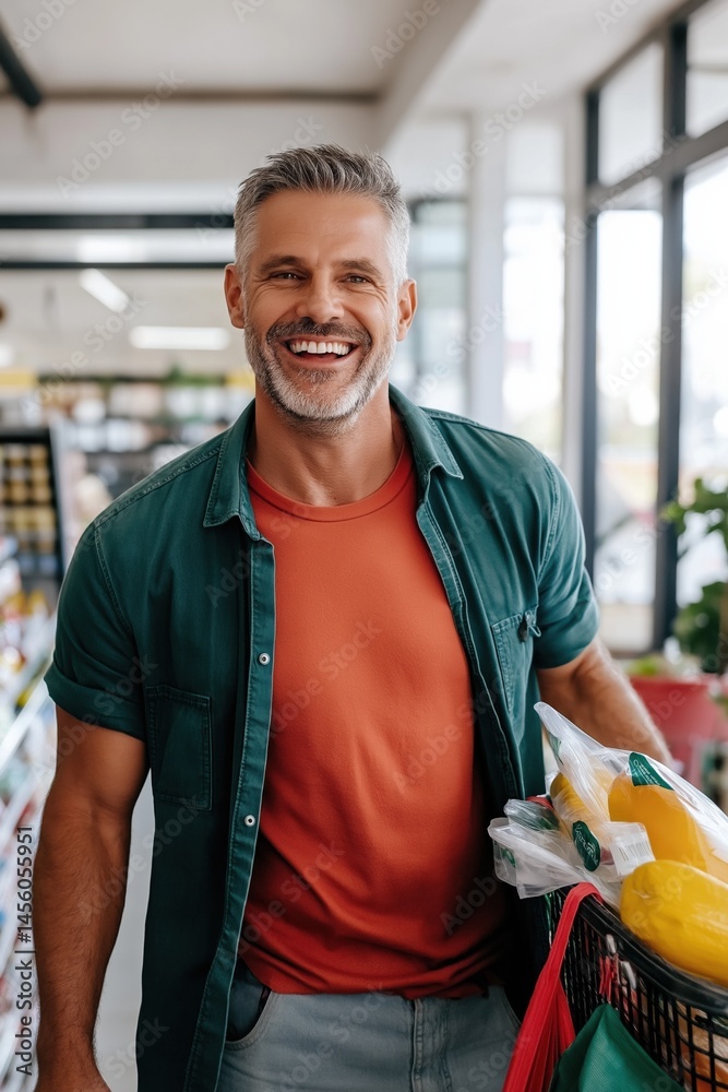 Smiling mature caucasian male shopping in supermarket aisle holding basket