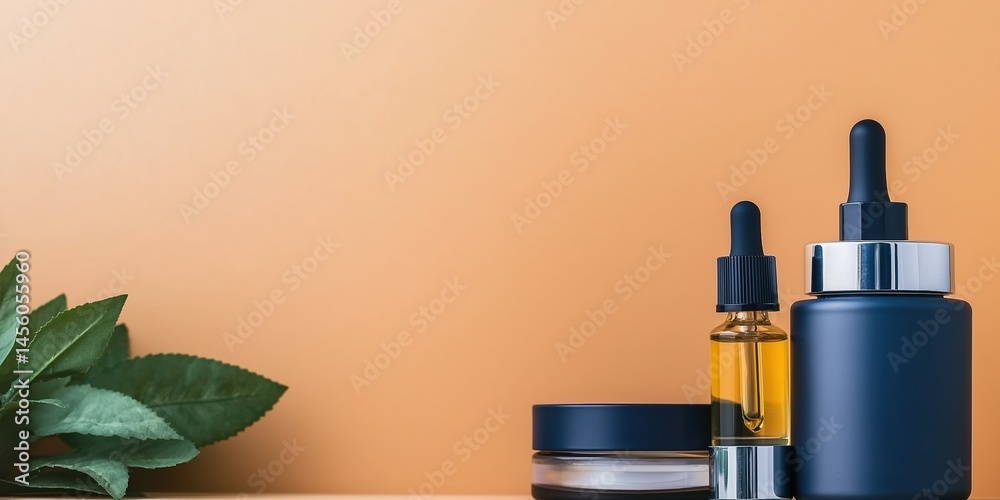 Skincare product bottles and leaf on orange background