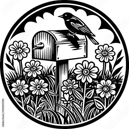 Eastern Bluebird on mailbox with colorful wildflowers, vibrant nature scene ideal for prints and digital use