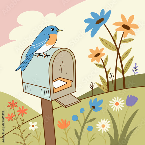 Eastern Bluebird on mailbox with colorful wildflowers, vibrant nature scene ideal for prints and digital use