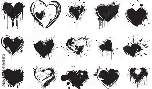 Set of grunge black graffiti heart vector illustrations with splatter and drip effects, ideal for edgy street art, punk designs, alternative fashion, or tattoo-inspired artwork.

