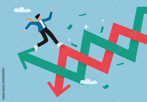 Businessman Balancing on Growth and Decline Arrows. Financial Risk and Market Strategy Concept Illustration