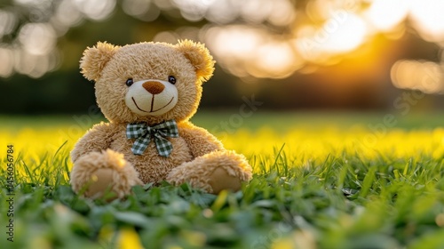Teddy bear sitting in grass, sunset backdrop