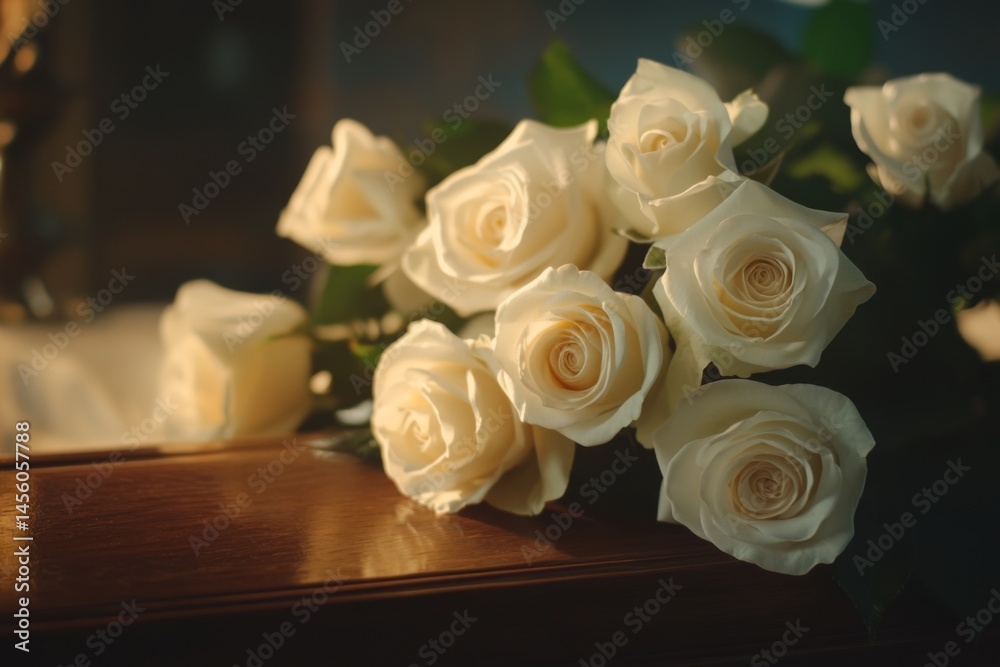 Obraz premium White rose bouquet on wooden casket with soft lighting 