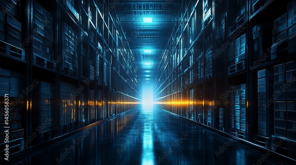 Obraz premium Futuristic Server Room Corridor with Bright Blue and Orange Lighting Effects