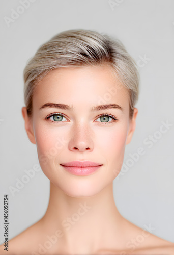 Studio portrait of the beautiful smiling woman on white background.  Close-up photo of adorable woman