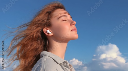 Serene Woman Facing Breeze Under Blue Sky
