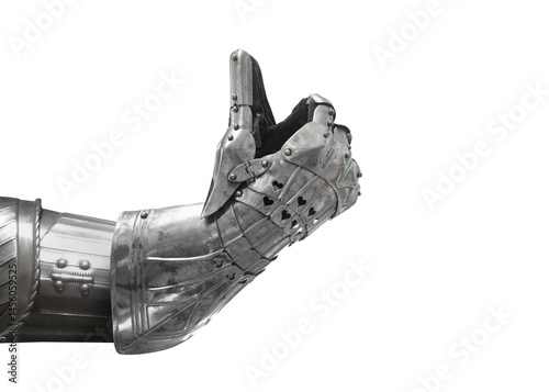 Iron middle age, gauntlet raised in a thumb-up as like symbol gesture against a isolated on free png background.